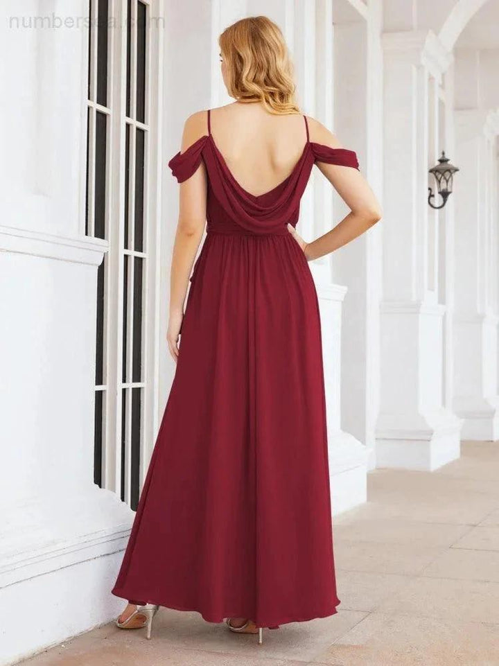 Numbersea Off The Shoulder Chiffon Bridesmaid Dress Long Formal Graduation Gown with Cowl Back 28069 by numbersea