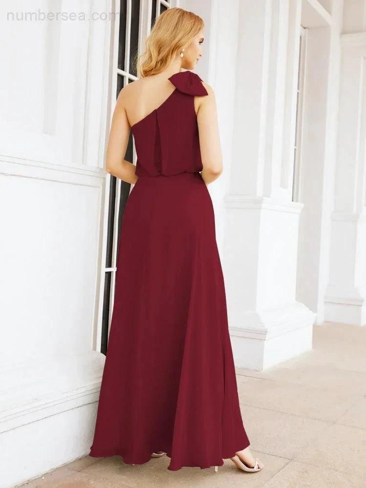 Numbersea Chiffon Ruffled One Shoulder Sleeveless Long Bride Dresses A-line Formal Evening Gown Side Split 28057 by numbersea