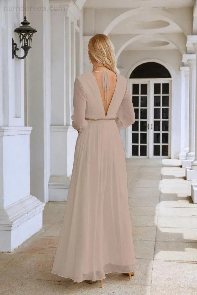 Ladies V Neck Chiffon Long Sleeve Front Slit Bridesmaid Evening Dress Wedding Party Shopping Evening Dress 28109 by numbersea