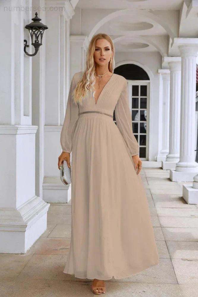 Ladies V Neck Chiffon Long Sleeve Front Slit Bridesmaid Evening Dress Wedding Party Shopping Evening Dress 28109 by numbersea