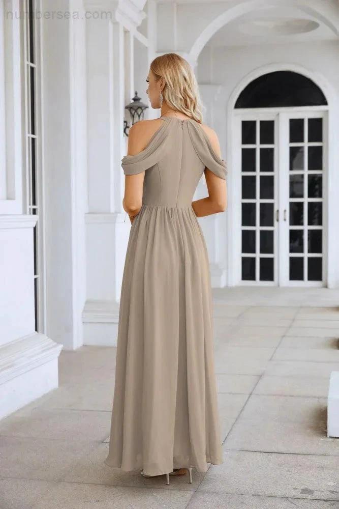 Ladies Chiffon Off Shoulder Swing Sleeve Front Slit Bridesmaid Evening Dress Wedding Party Evening Dress 28117 by numbersea