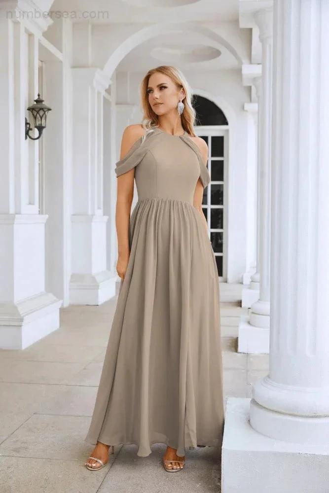 Ladies Chiffon Off Shoulder Swing Sleeve Front Slit Bridesmaid Evening Dress Wedding Party Evening Dress 28117 by numbersea