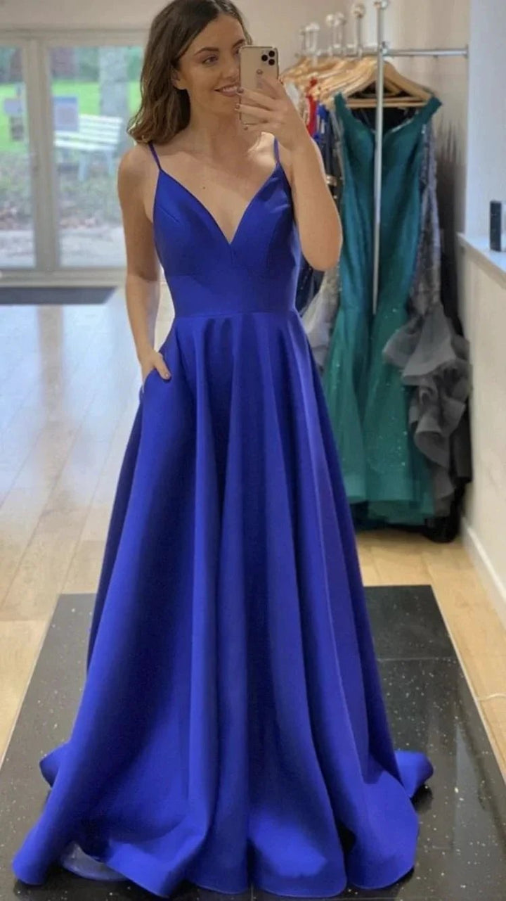 A-line V Neck Royal Blue Satin Evening Dress Graduation Dress Y433 by simplepromdress