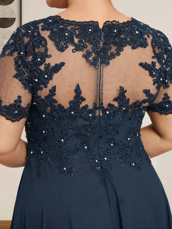 A-line Scoop Illusion Floor-Length Chiffon Lace Mother of the Bride Dress With Sequins Beading by Dreamylily