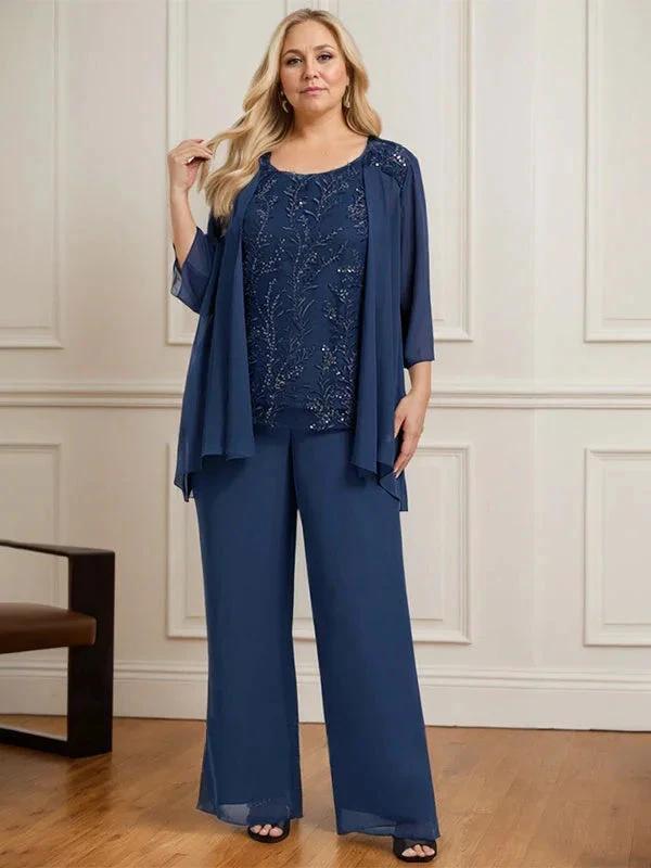 Separates Jumpsuit/Pantsuit Scoop Floor-Length Lace Chiffon Mother of the Bride Dress With Sequins by Dreamylily