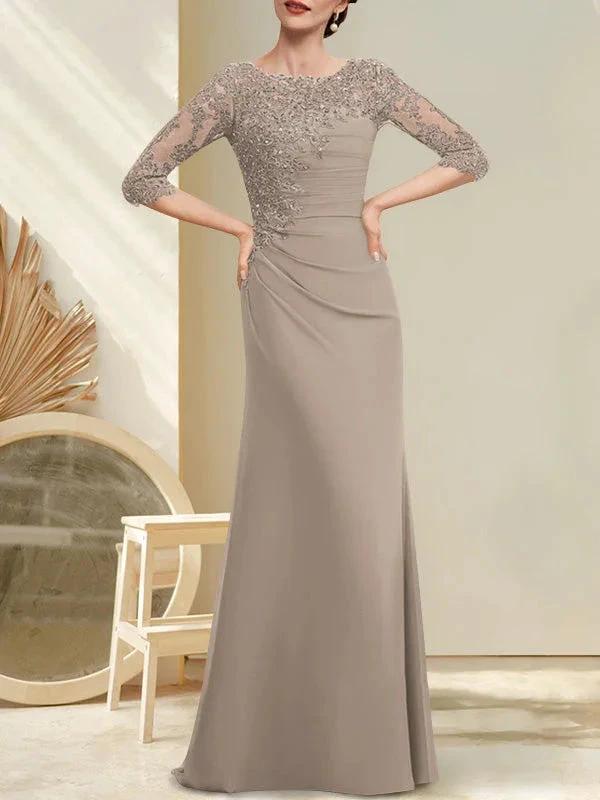 A-line Scoop Floor-Length Chiffon Lace Mother of the Bride Dress With Beading Pleated Sequins by Dreamylily