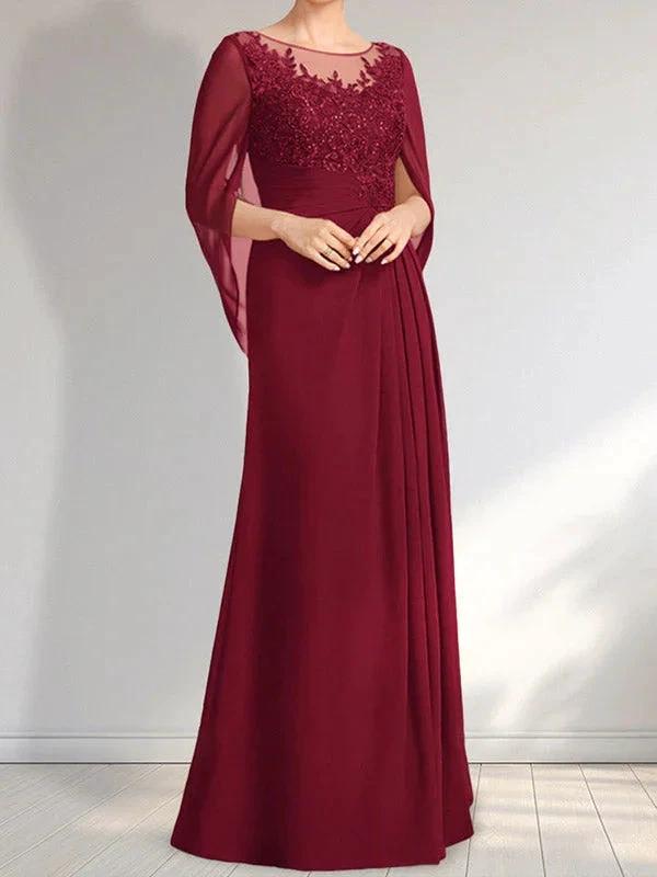 A-line Scoop Illusion Floor-Length Lace Chiffon Mother of the Bride Dress With Pleated Sequins by Dreamylily