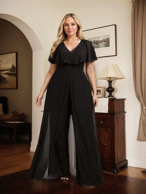 Jumpsuit/Pantsuit V-Neck Floor-Length Chiffon Evening Dress by Dreamylily