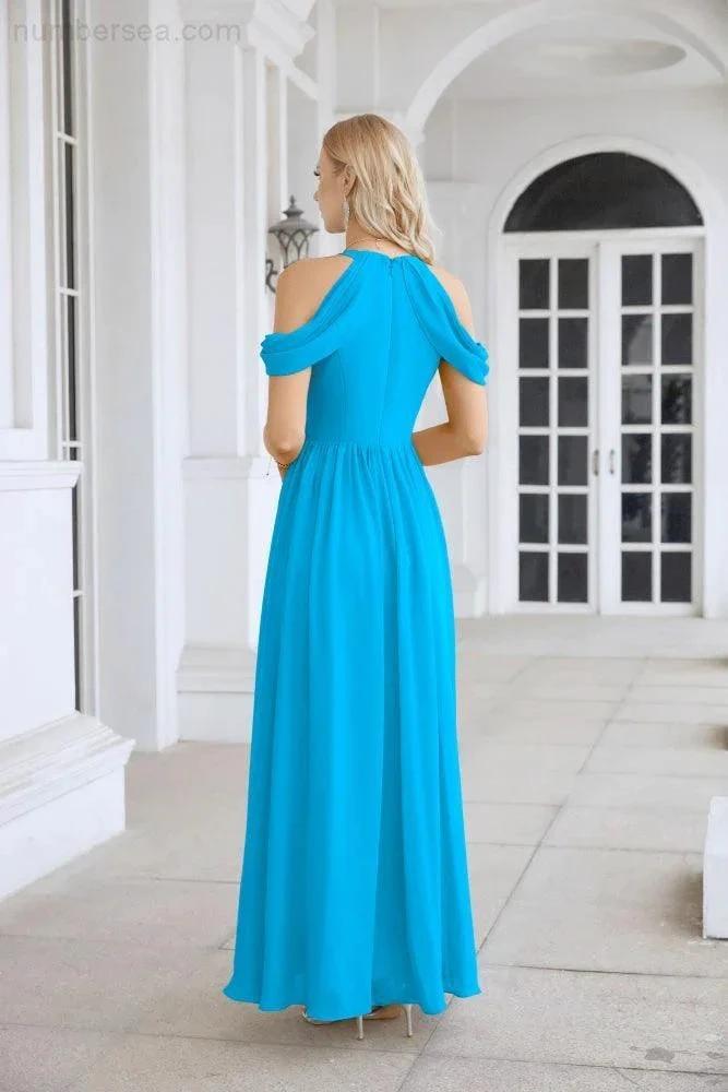 Ladies Chiffon Off Shoulder Swing Sleeve Front Slit Bridesmaid Evening Dress Wedding Party Evening Dress 28117 by numbersea