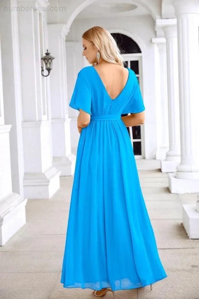 Ladies Chiffon Sleeve Crew Neck Front Slit Floor Length Bridesmaid Evening Dress Wedding Party Evening Dress 28124 by numbersea