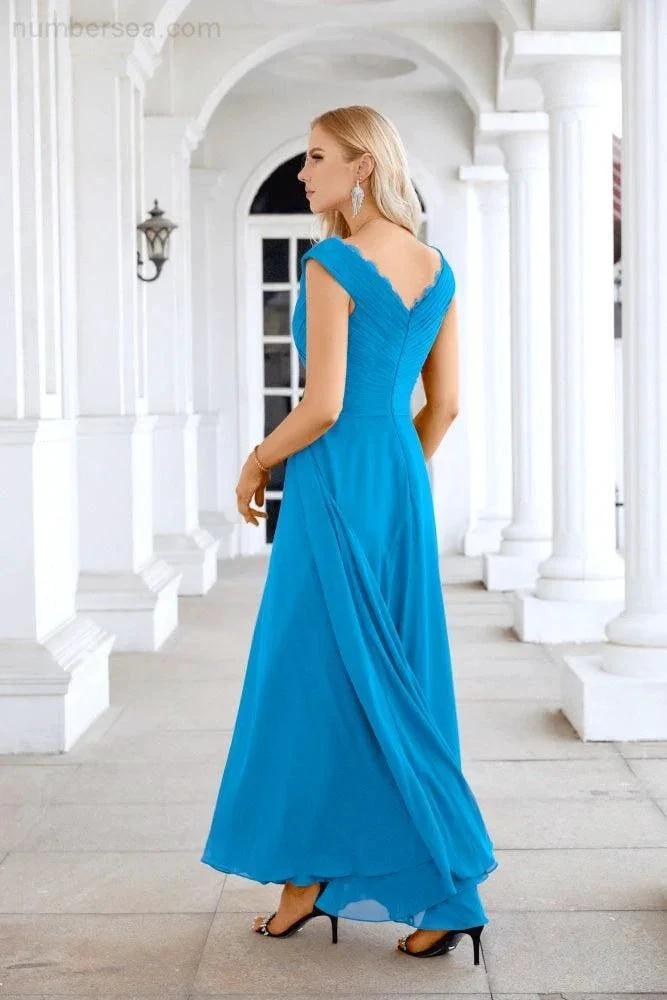Ladies Chiffon V Neck Sleeveless Floor Length Bridesmaid Evening Dress Wedding Party Evening Dress 28126 by numbersea