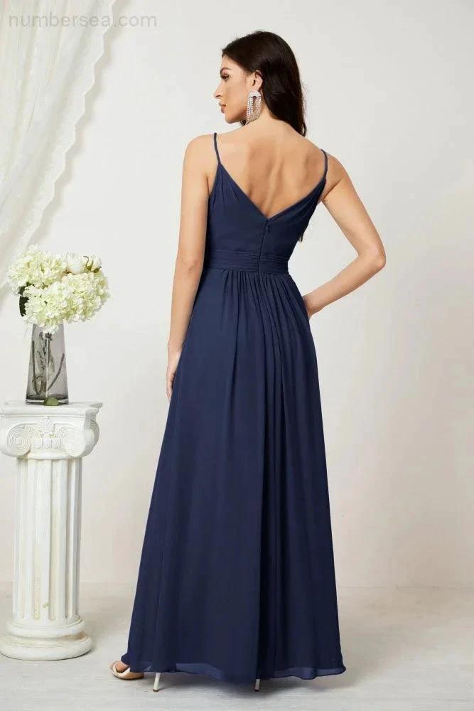 Numbersea Chiffon V-Neck Bridesmaid Dress Spaghetti Strap Long Formal Party Prom Gowns with Slit 28010 by numbersea