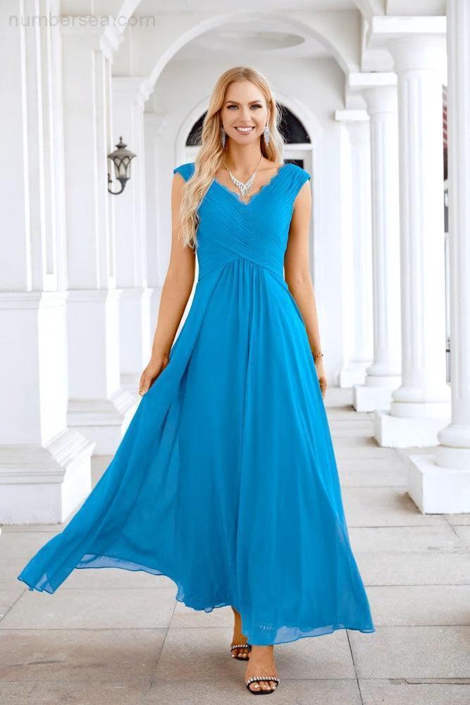 Ladies Chiffon V Neck Sleeveless Floor Length Bridesmaid Evening Dress Wedding Party Evening Dress 28126 by numbersea