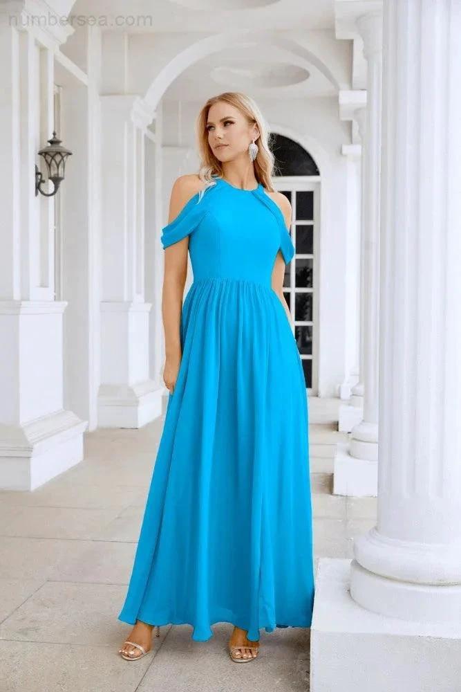 Ladies Chiffon Off Shoulder Swing Sleeve Front Slit Bridesmaid Evening Dress Wedding Party Evening Dress 28117 by numbersea