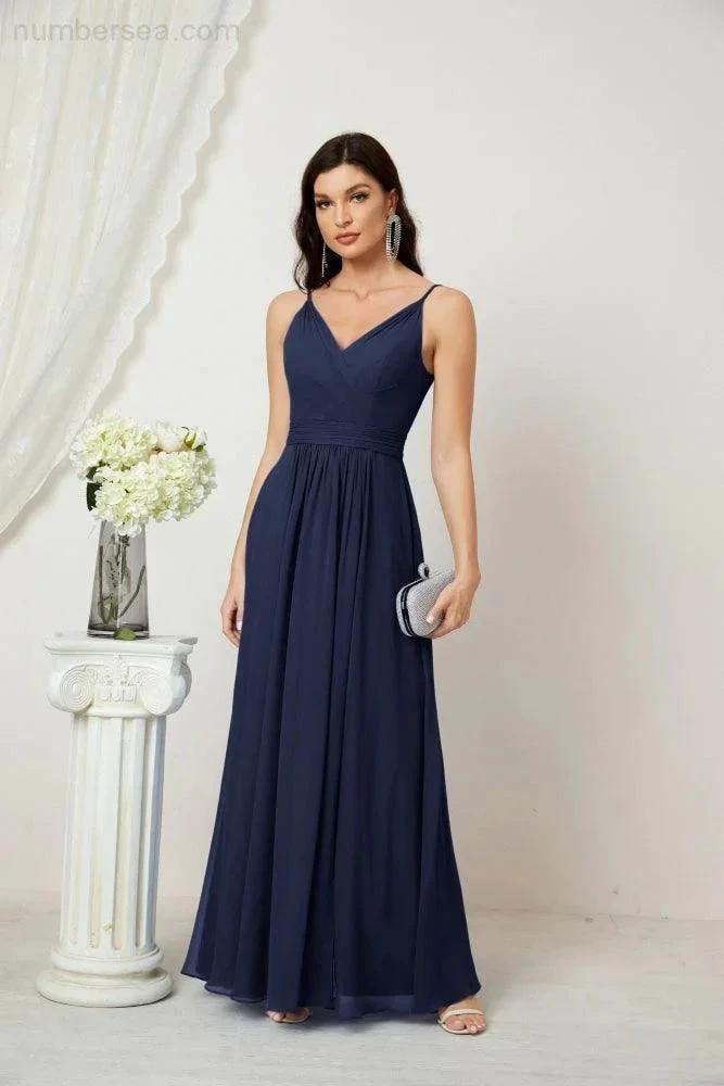 Numbersea Chiffon V-Neck Bridesmaid Dress Spaghetti Strap Long Formal Party Prom Gowns with Slit 28010 by numbersea