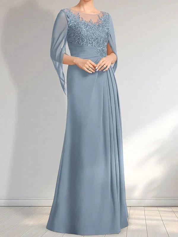 A-line Scoop Illusion Floor-Length Lace Chiffon Mother of the Bride Dress With Pleated Sequins by Dreamylily
