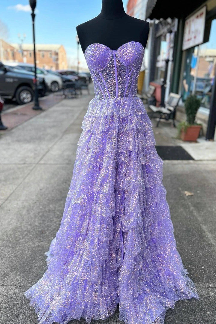 Eleanor | Glitter Tulle Corset Ruffle Tiered Long Prom Dress with Slit by KissProm
