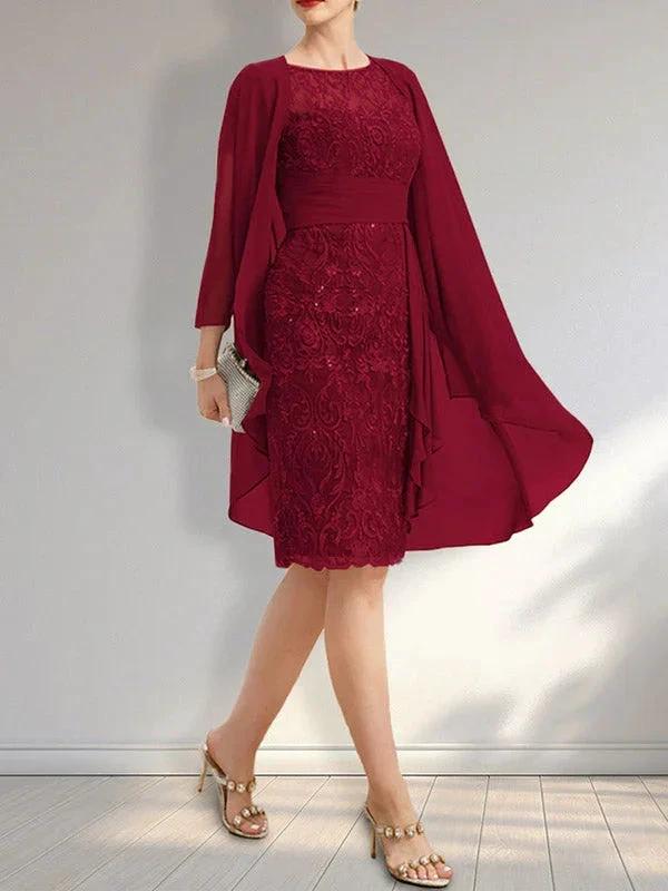 Sheath Scoop Illusion Knee-Length Lace Chiffon Mother of the Bride Dress With Cascading Ruffles Sequins by Dreamylily