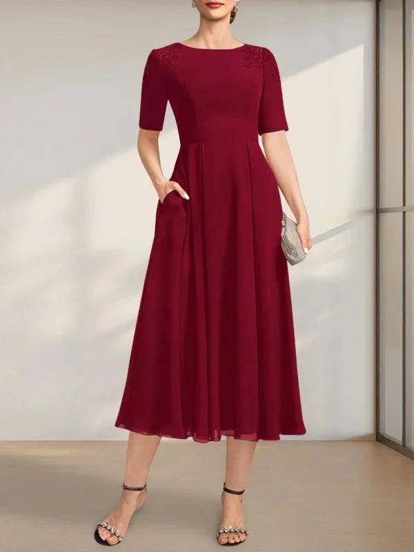 A-line Scoop Tea-Length Chiffon Mother of the Bride Dress With Appliques Lace Sequins by Dreamylily