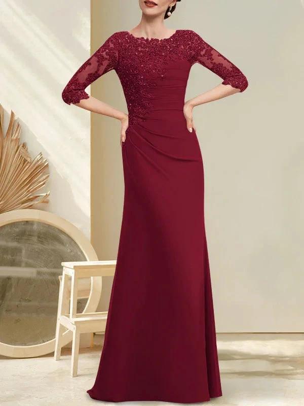 A-line Scoop Floor-Length Chiffon Lace Mother of the Bride Dress With Beading Pleated Sequins by Dreamylily