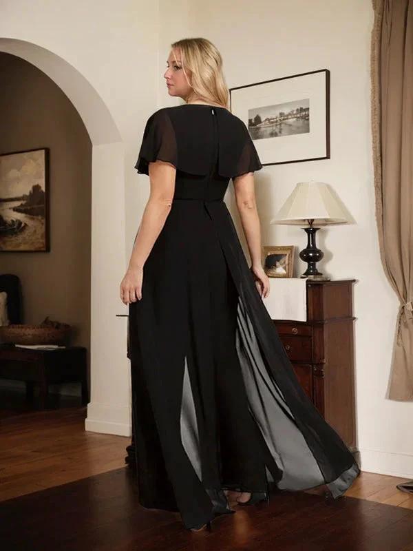 Jumpsuit/Pantsuit V-Neck Floor-Length Chiffon Evening Dress by Dreamylily