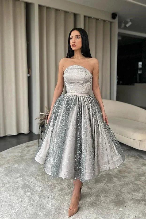 Strapless Silver A-Line Short Prom Dress Ruffle With Sequins and Tulle by BIZTUNNEL