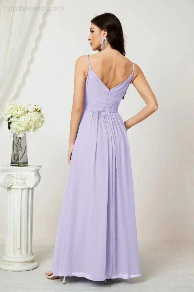 Numbersea Chiffon V-Neck Bridesmaid Dress Spaghetti Strap Long Formal Party Prom Gowns with Slit 28010 by numbersea
