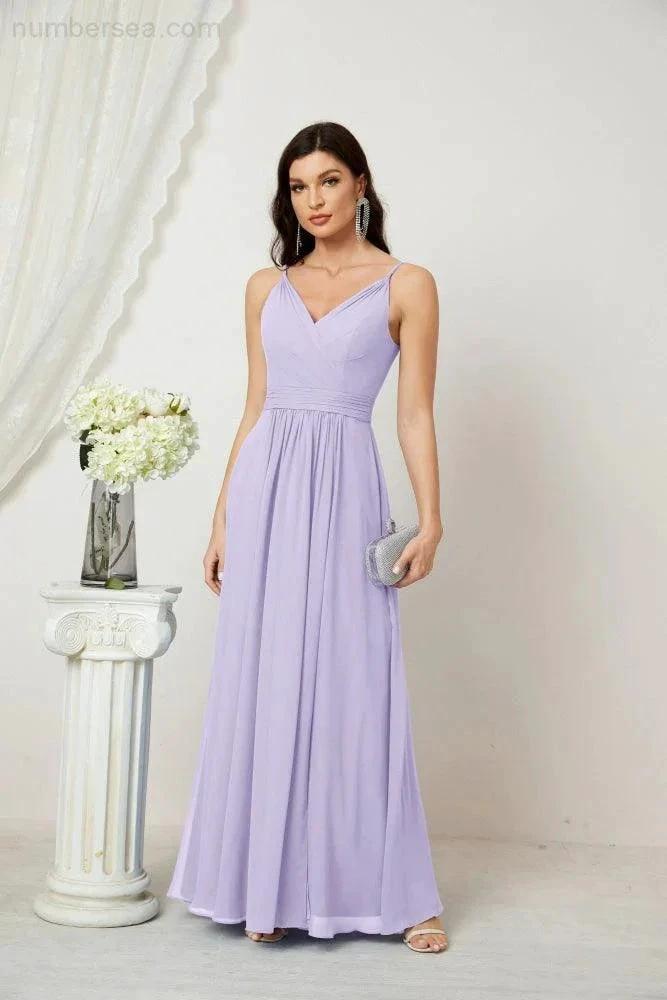 Numbersea Chiffon V-Neck Bridesmaid Dress Spaghetti Strap Long Formal Party Prom Gowns with Slit 28010 by numbersea