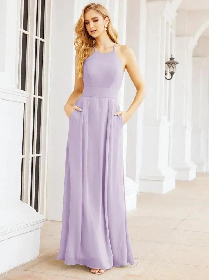 Numbersea Halter Bridesmaid Dresses with Pockets Sleeveless Formal Evening Party Prom Gowns 28055 by numbersea