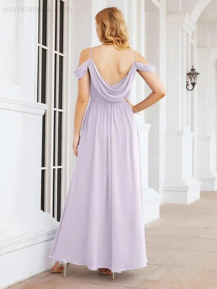 Numbersea Off The Shoulder Chiffon Bridesmaid Dress Long Formal Graduation Gown with Cowl Back 28069 by numbersea