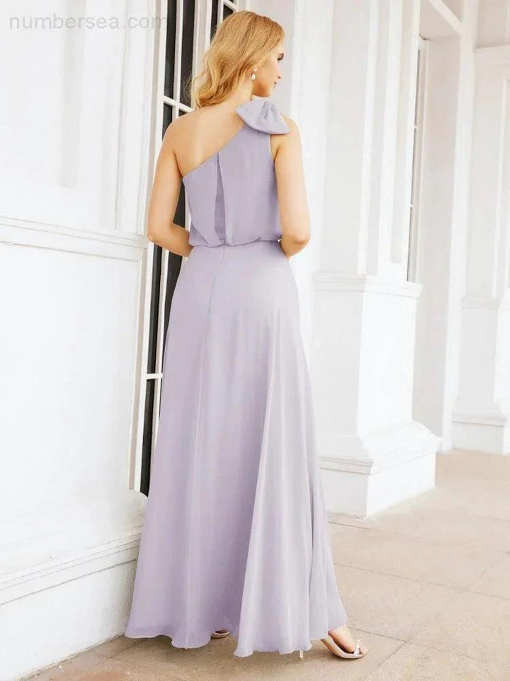 Numbersea Chiffon Ruffled One Shoulder Sleeveless Long Bride Dresses A-line Formal Evening Gown Side Split 28057 by numbersea