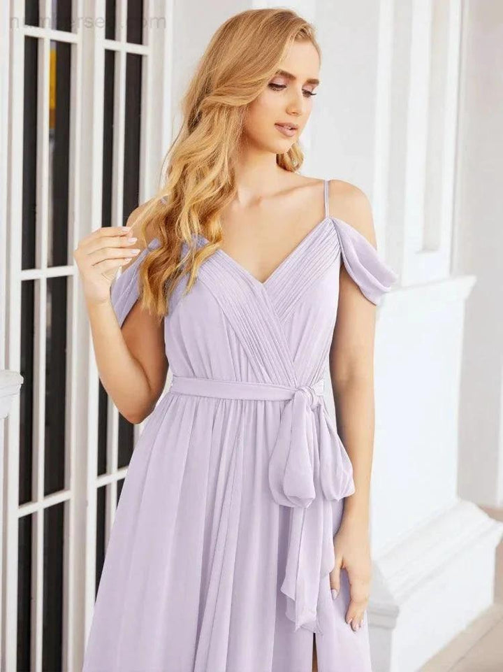 Numbersea Off The Shoulder Chiffon Bridesmaid Dress Long Formal Graduation Gown with Cowl Back 28069 by numbersea