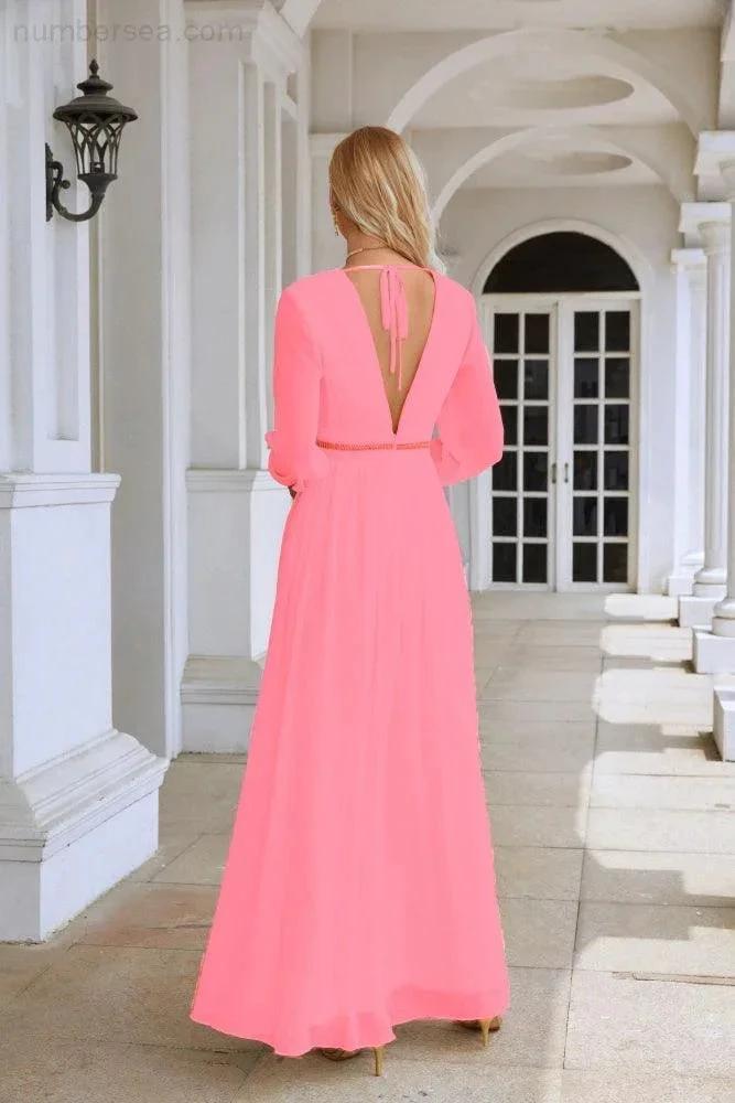Ladies V Neck Chiffon Long Sleeve Front Slit Bridesmaid Evening Dress Wedding Party Shopping Evening Dress 28109 by numbersea