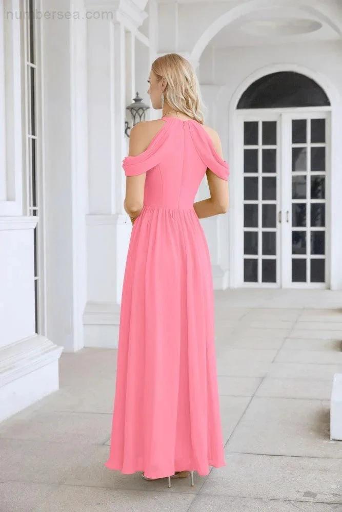 Ladies Chiffon Off Shoulder Swing Sleeve Front Slit Bridesmaid Evening Dress Wedding Party Evening Dress 28117 by numbersea