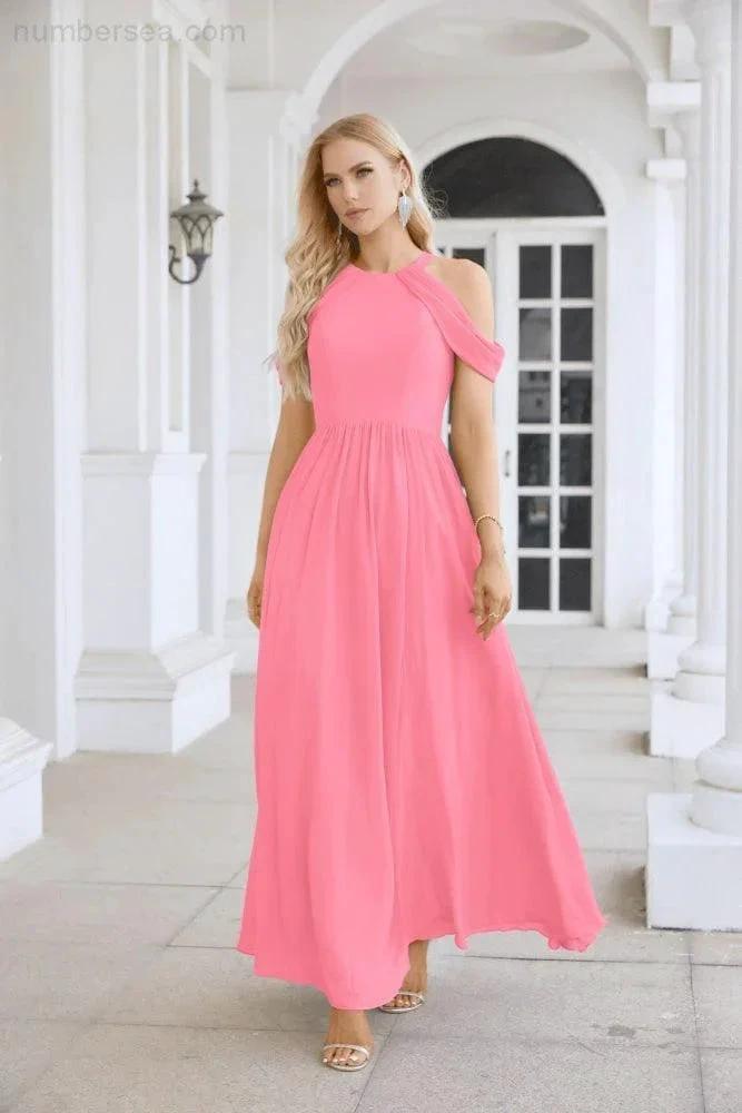 Ladies Chiffon Off Shoulder Swing Sleeve Front Slit Bridesmaid Evening Dress Wedding Party Evening Dress 28117 by numbersea