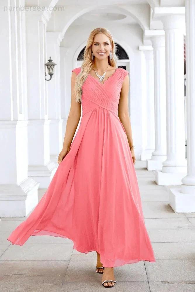 Ladies Chiffon V Neck Sleeveless Floor Length Bridesmaid Evening Dress Wedding Party Evening Dress 28126 by numbersea