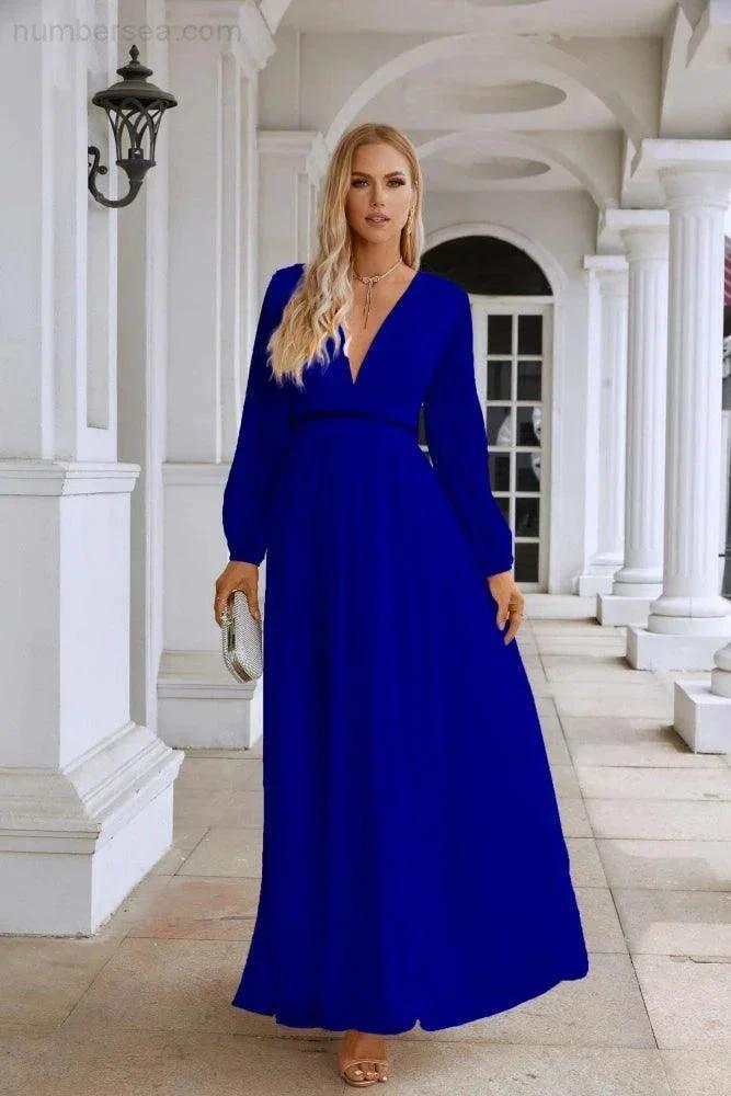 Ladies V Neck Chiffon Long Sleeve Front Slit Bridesmaid Evening Dress Wedding Party Shopping Evening Dress 28109 by numbersea