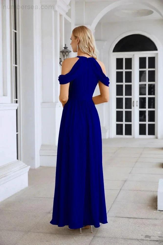 Ladies Chiffon Off Shoulder Swing Sleeve Front Slit Bridesmaid Evening Dress Wedding Party Evening Dress 28117 by numbersea