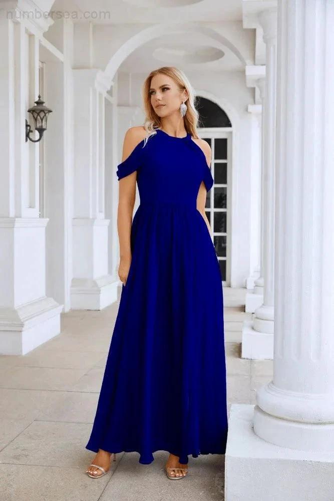 Ladies Chiffon Off Shoulder Swing Sleeve Front Slit Bridesmaid Evening Dress Wedding Party Evening Dress 28117 by numbersea