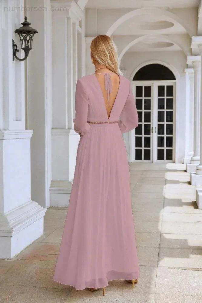 Ladies V Neck Chiffon Long Sleeve Front Slit Bridesmaid Evening Dress Wedding Party Shopping Evening Dress 28109 by numbersea
