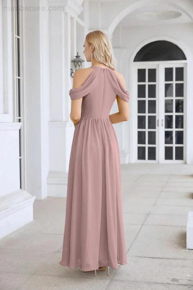 Ladies Chiffon Off Shoulder Swing Sleeve Front Slit Bridesmaid Evening Dress Wedding Party Evening Dress 28117 by numbersea