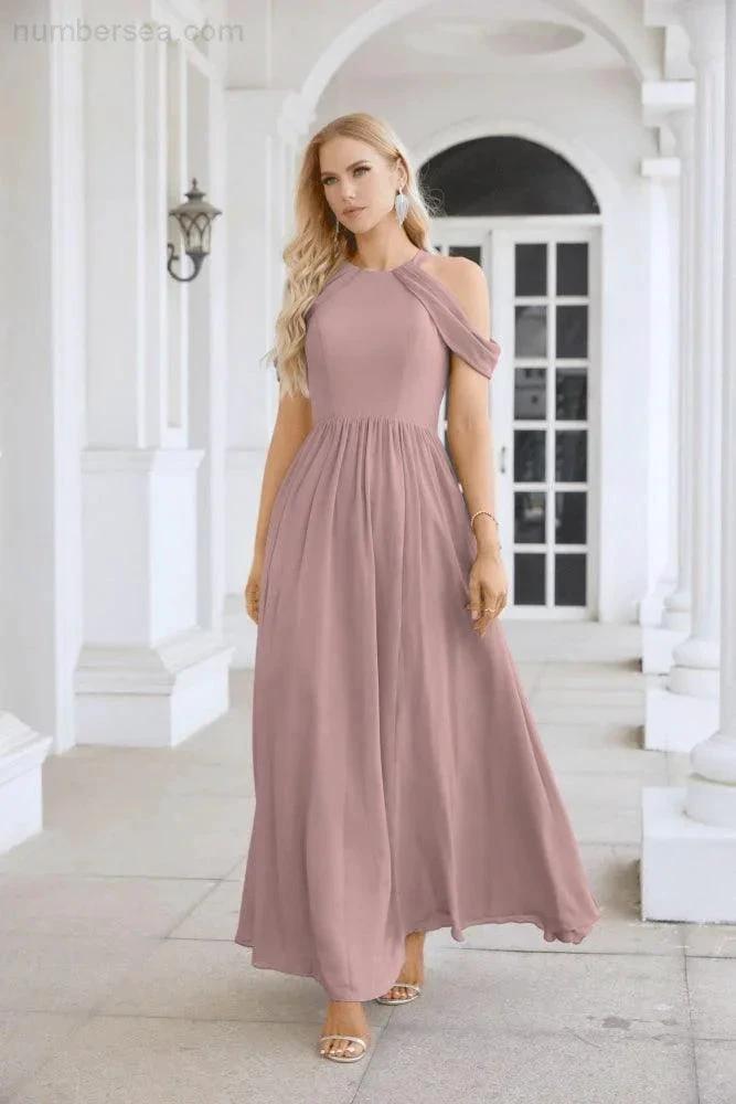 Ladies Chiffon Off Shoulder Swing Sleeve Front Slit Bridesmaid Evening Dress Wedding Party Evening Dress 28117 by numbersea