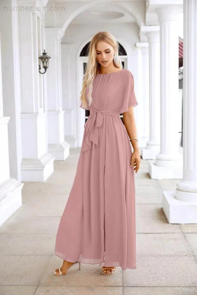 Ladies Chiffon Sleeve Crew Neck Front Slit Floor Length Bridesmaid Evening Dress Wedding Party Evening Dress 28124 by numbersea