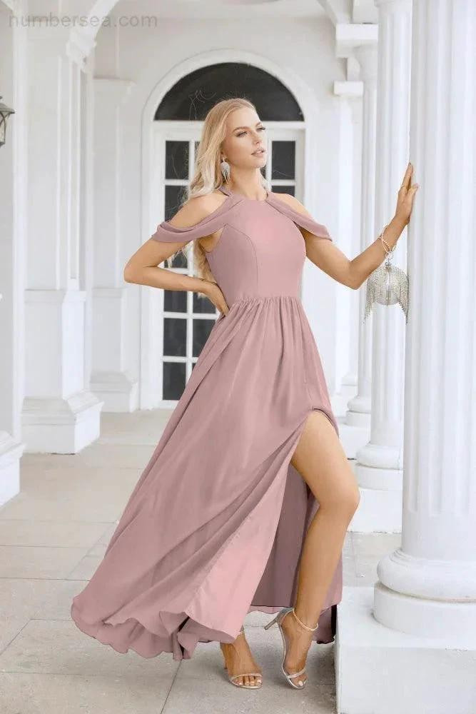 Ladies Chiffon Off Shoulder Swing Sleeve Front Slit Bridesmaid Evening Dress Wedding Party Evening Dress 28117 by numbersea
