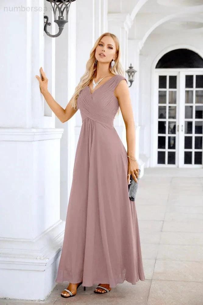 Ladies Chiffon V Neck Sleeveless Floor Length Bridesmaid Evening Dress Wedding Party Evening Dress 28126 by numbersea