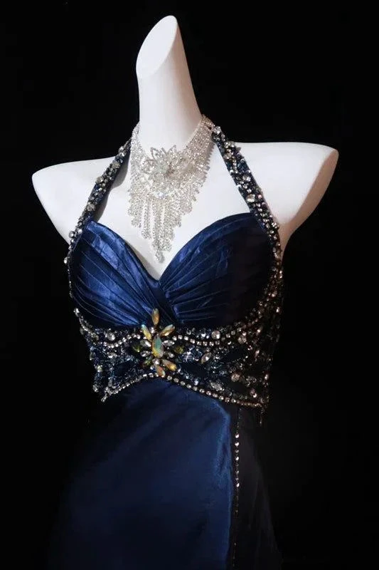 Gorgeous Halter Satin Beaded Slit Evening Dress Formal Party Prom Dress Y7927 by simplepromdress