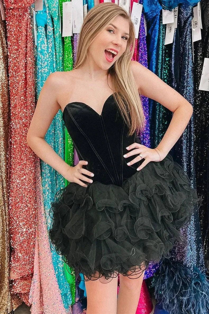 Black Velvet Strapless Ruffles Short Homecoming Dress by KissProm