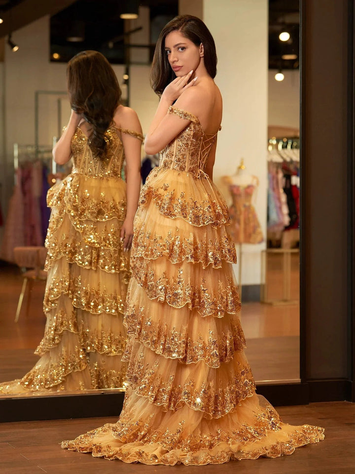 Gold Princess A Line Off the Shoulder Corset Prom Dress with Lace Ruffles by KissProm