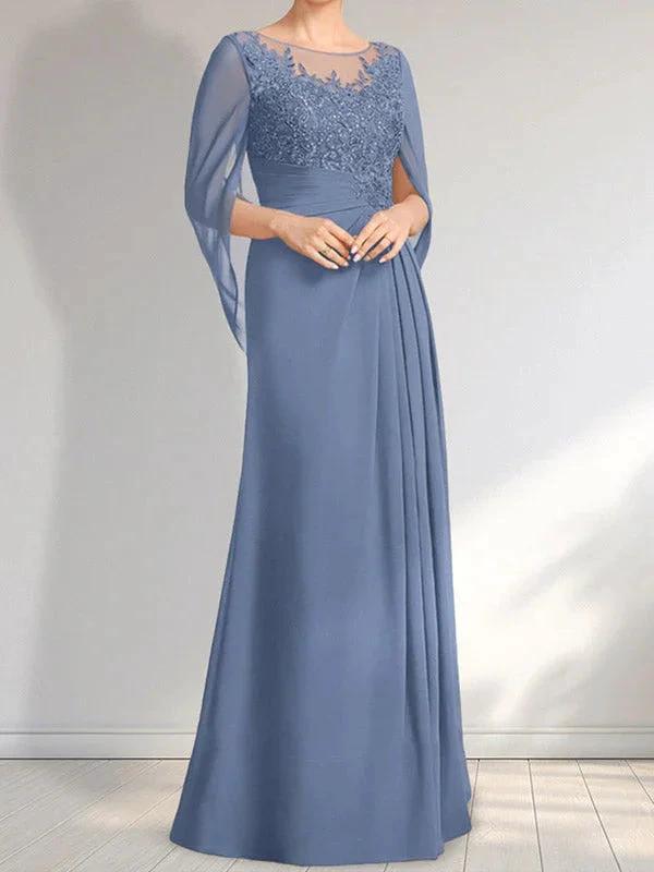 A-line Scoop Illusion Floor-Length Lace Chiffon Mother of the Bride Dress With Pleated Sequins by Dreamylily