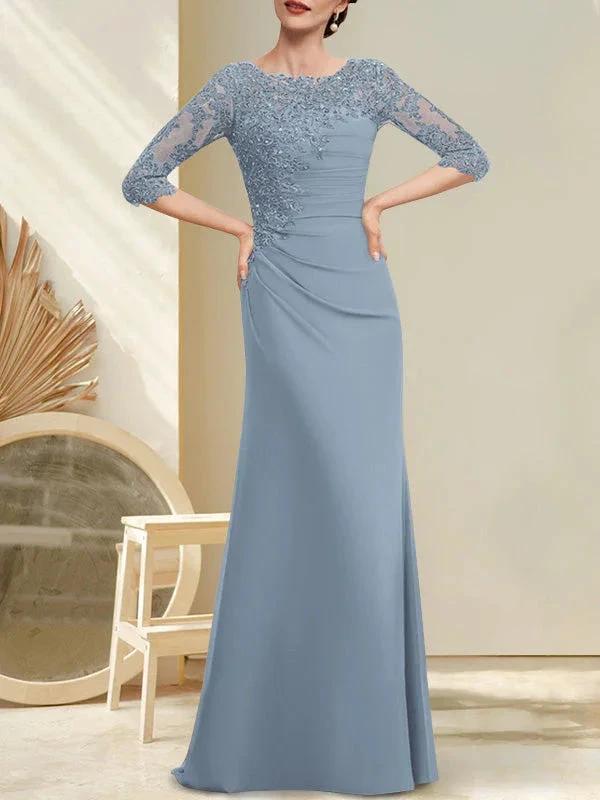 A-line Scoop Floor-Length Chiffon Lace Mother of the Bride Dress With Beading Pleated Sequins by Dreamylily